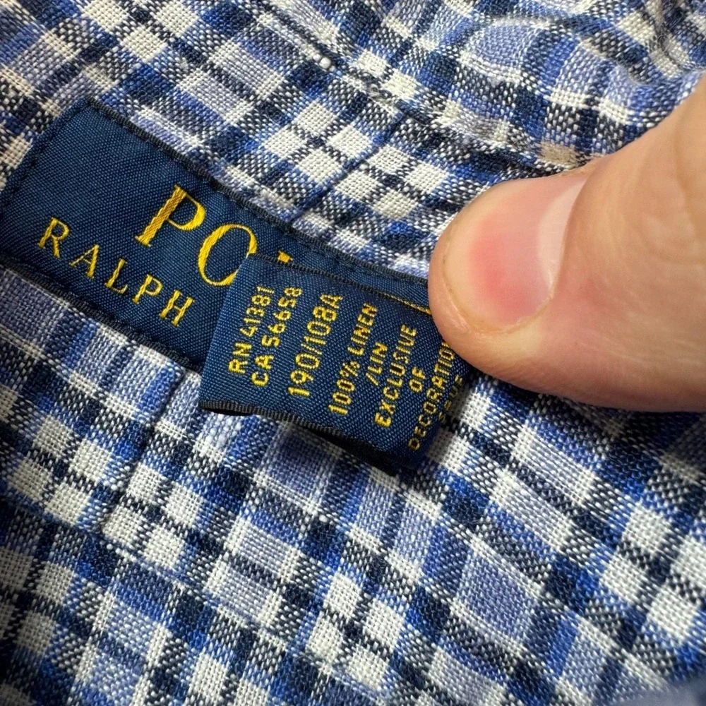 Polo Ralph Lauren Mens XXL‎ Blue White Plaid 100% Linen Button Down Shirt
